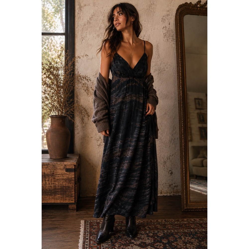 Boho Silk Maxi Dress Black Tie Dye Empire Waist Gypsy 05 XS